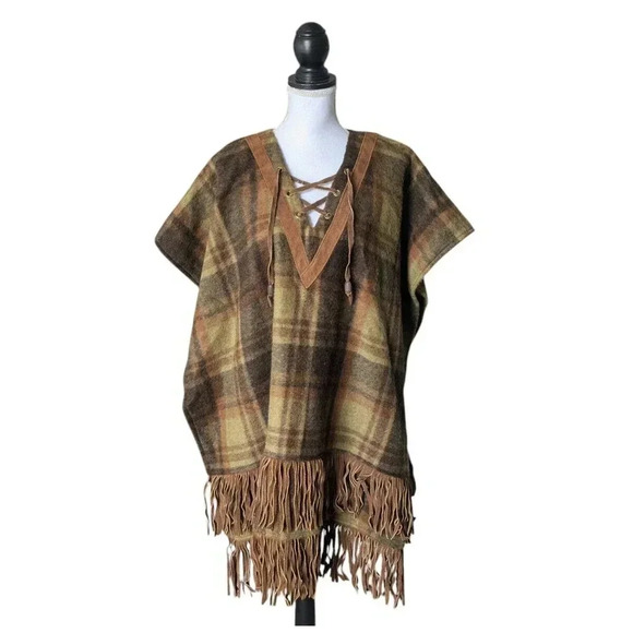 Vintage Sullivan of Albuquerque Green Brown Wool Leather Fringe Trim Poncho 70s